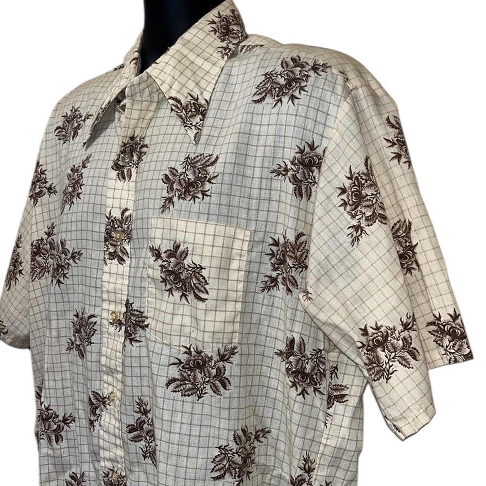 Vtg Kmart MCM 60s/70s Mens Shirt~Cream w/Brown Floral Print~sz XL**READ**